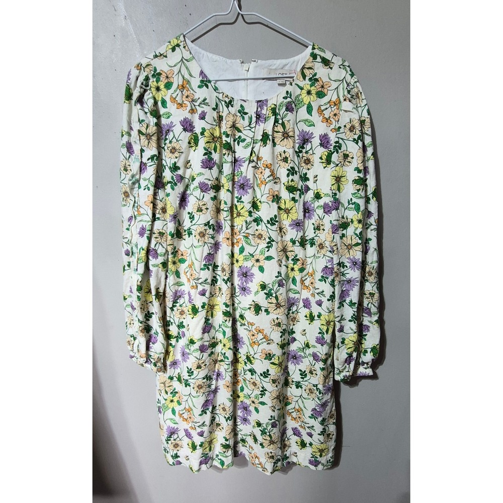 Loft Floral Linen Blend Shift Dress Purple Yellow Orange Long Sleeve Mini